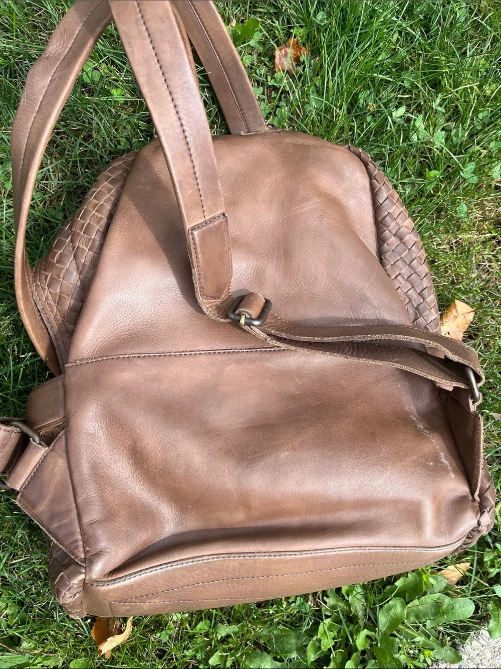 Valentina Woven Leather-Style Backpack in Light Brown